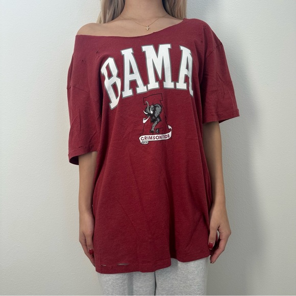 Bama Alabama Crimson Tide Destroyed off the shoulder T-Shirt - Picture 4 of 13